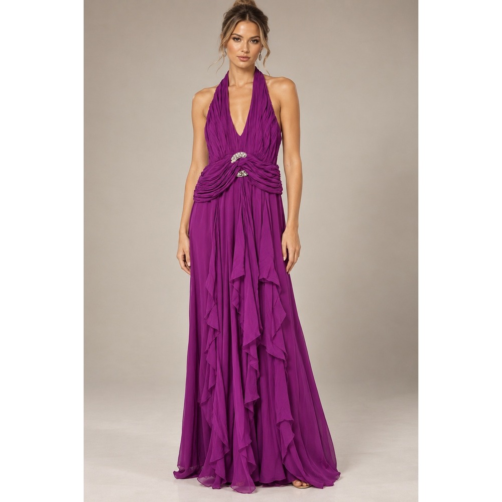 Marchesa Notte Silk Halter Gown 4 Purple Embellished Formal Y2K Dress